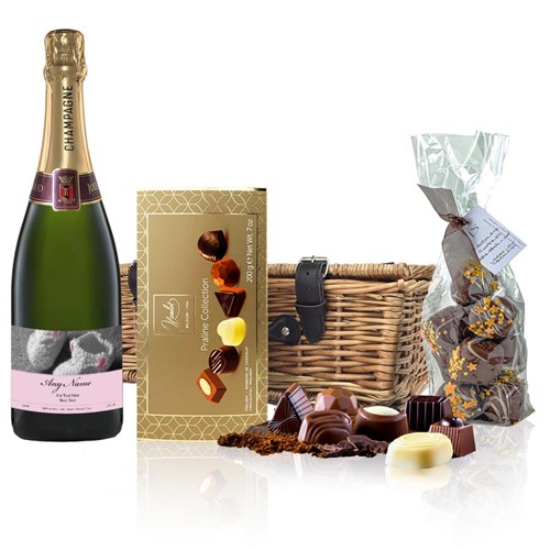 Personalised Champagne - Baby Girl Label And Chocolates Hamper